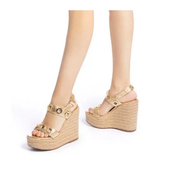 Larroude Milan Espadrille Wedge Platform Gold Metallic Size 10 NIB! - Picture 2 of 8